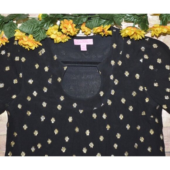 Lilly Pulitzer Ladies XXS Black Silk Blouse Gold Metallic Dots Bell Sleeve - Picture 3 of 11